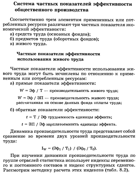 Система частных показателей эффективности общественного производства