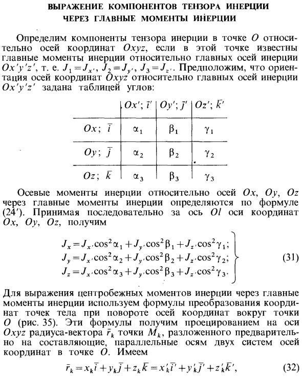 Выражение компонентов тензора инерции через главные моменты инерции