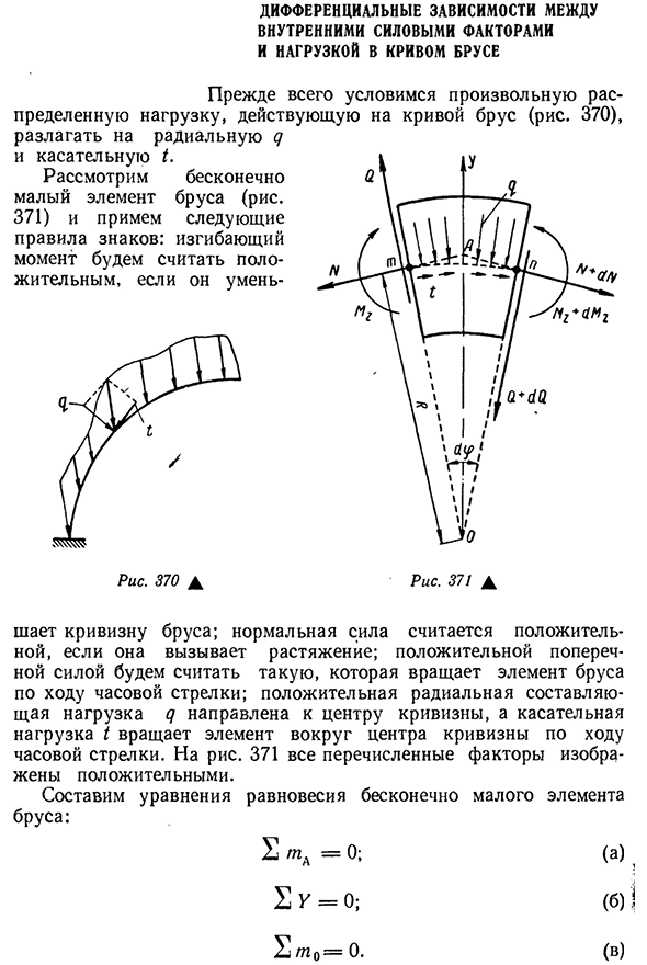 Дифференциальные зависимости между внутренними силовыми факторами и нагрузкой в кривом брусе