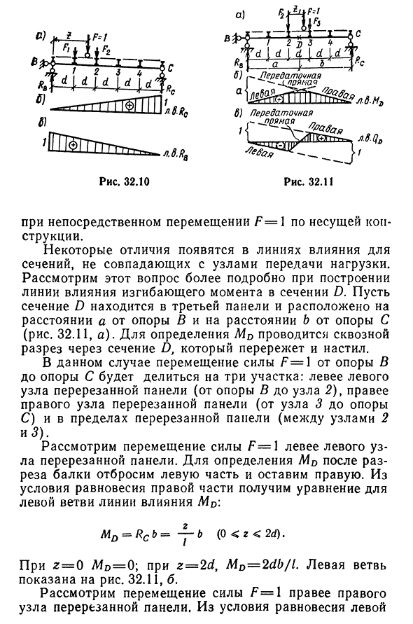 Линии влияния при узловой передаче нагрузки