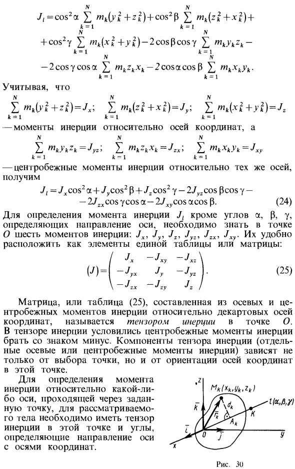 Моменты инерции относительно осей, проходящих через заданную точку