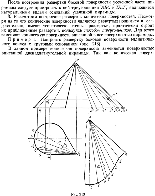 Построение разверток пирамидальных, конических и других линейчатых поверхностей, исключая цилиндрические