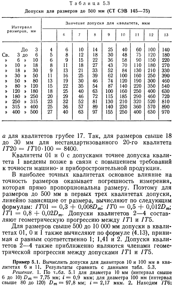 Диапазоны размеров, единицы допусков и квалитеты ЕСДП СЭВ