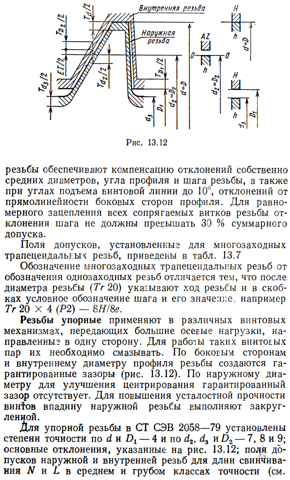 Допуски трапецеидальных и упорных резьб