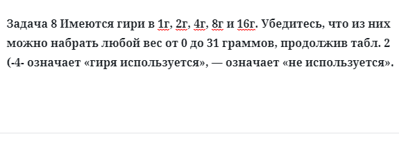 Задача 8 Имеются гири в 1г, 2г, 4г, 8г и 16г. Убедитесь, что из них можно набрать любой вес