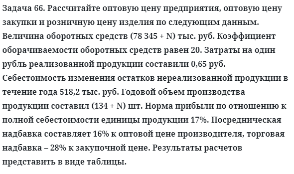 Задача 66. Рассчитайте оптовую цену предприятия, оптовую
