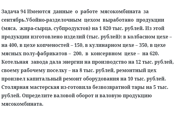 Задача 94 Имеются  данные  о  работе  мясокомбината  за  сентябрь убойно-разделочным  цехом  выработано 