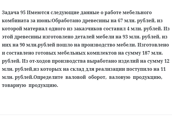 Задача 95 Имеются следующие данные о работе мебельного комбината за июнь