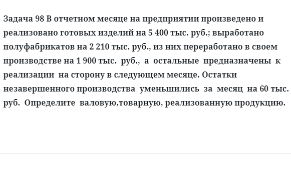 Задача 98 В отчетном месяце на предприятии произведено и реализовано готовых изделий