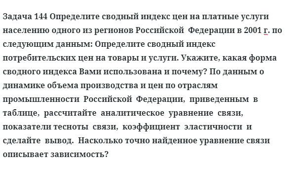 Задача 144 Определите сводный индекс цен на платные услуги населению одного из регионов