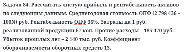 Задача 84. Рассчитать чистую прибыль и рентабельность активов
