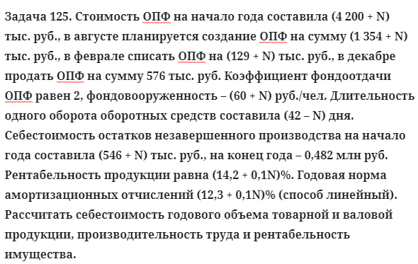 Задача 125. Стоимость ОПФ на начало года составила
