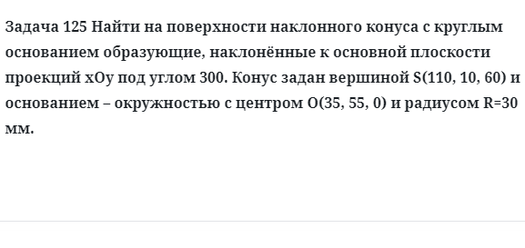 Задача 125 Найти на поверхности наклонного конуса с круглым основанием образующие