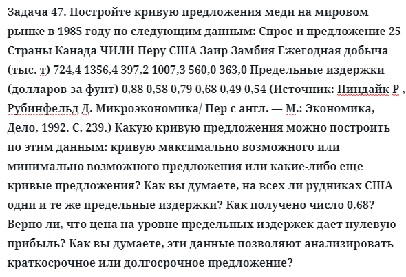 Задача 47. Постройте кривую предложения меди на мировом рынке
