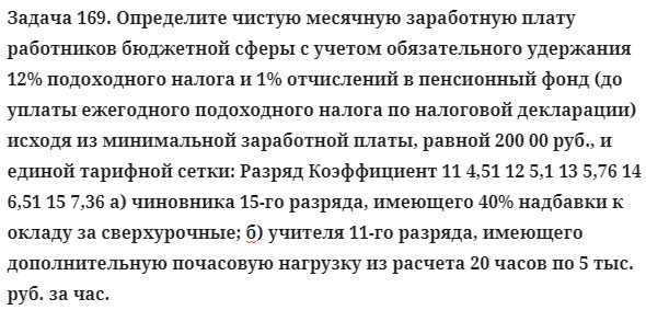 Задача 169. Определите чистую месячную заработную плату
