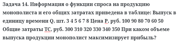 Задача 14. Информация о функции спроса на продукцию
