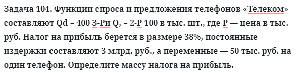 Задача 104. Функции спроса и предложения телефонов «Телеком» 
