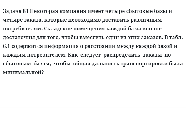 Задача 81 Некоторая компания имеет четыре сбытовые базы и четыре заказа