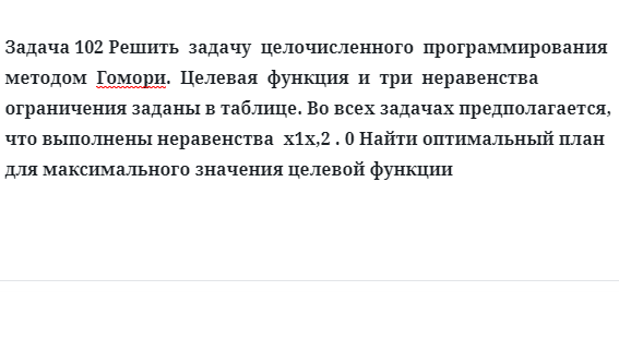 Задача 102 Целевая  функция  и  три  неравенства ограничения заданы в таблице