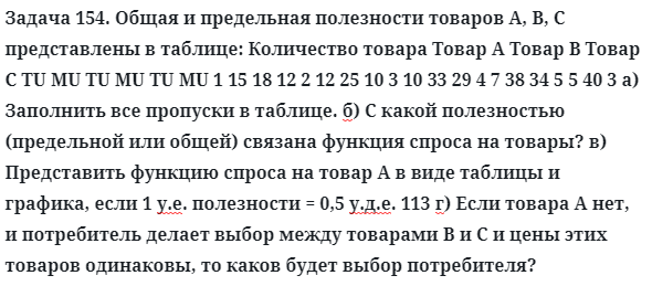 Задача 154. Общая и предельная полезности товаров А, В, С
