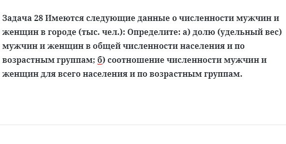 Задача 28 Имеются следующие данные о численности мужчин и женщин в городе