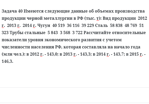 Задача 40 Имеются следующие данные об объемах производства продукции черной 