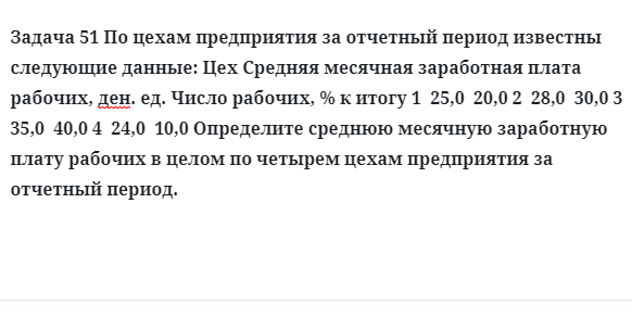 Задача 51 По цехам предприятия за отчетный период известны следующие данные