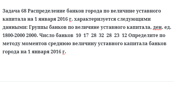 Задача 68 Распределение банков города по величине уставного капитала на 1 января 