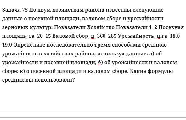 Задача 75 По двум хозяйствам района известны следующие данные о посевной площади