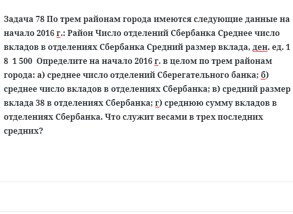 Задача 78 По трем районам города имеются следующие данные на начало 