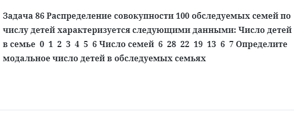 Задача 86 Распределение совокупности 100 обследуемых семей по числу детей 