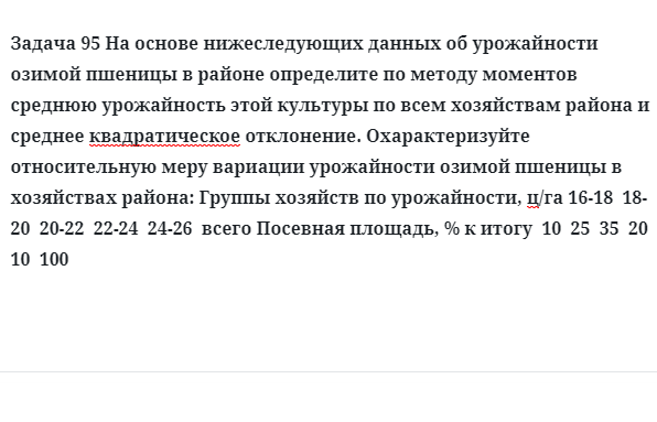 Задача 95 На основе нижеследующих данных об урожайности озимой пшеницы в районе 