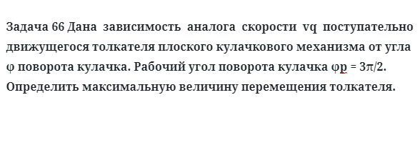 Задача 66 Дана зависимость аналога скорости vq поступательно движущегося толкателя