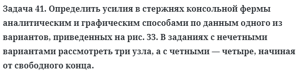 Задача 41. Определить усилия в стержнях консольной фермы
