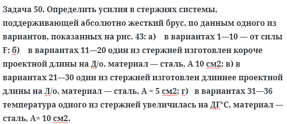 Задача 50. Определить усилия в стержнях системы
