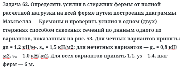 Задача 62. Определять усилия в стержнях фермы от полной
