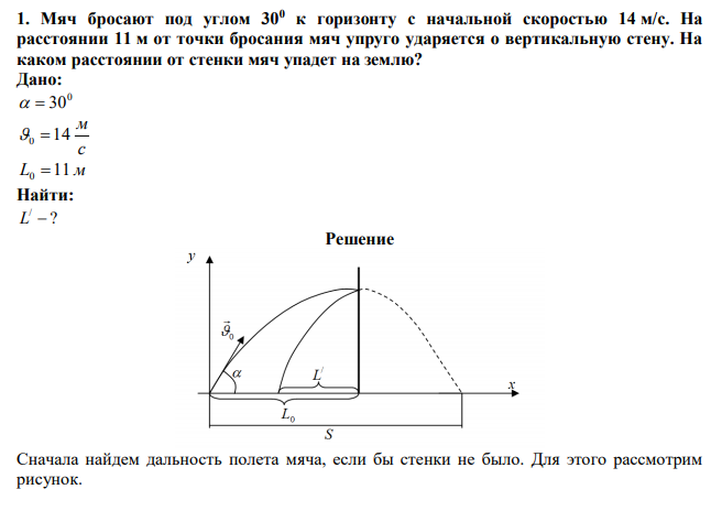 Мяч бросают под углом 300 к горизонту с начальной скоростью 14 м/с. На расстоянии 11 м от точки бросания мяч упруго ударяется о вертикальную стену. На каком расстоянии от стенки мяч упадет на землю? 