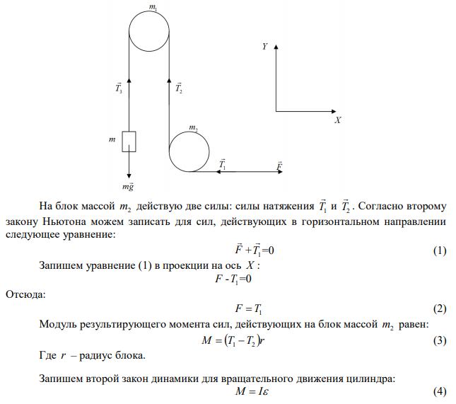 Через блоки массами m 1кг 1  и m 3кг 2  и радиусом 30 см перекинута невесомая нерастяжимая нить. К одному концу нити привязан груз массой 5 кг, за свободный конец нити тянут с силой F  100 Н . Определить ускорение грузов, натяжение нити между блоками, пройденный за 2 с путь грузом, если его начальная скорость 1 м/с. 