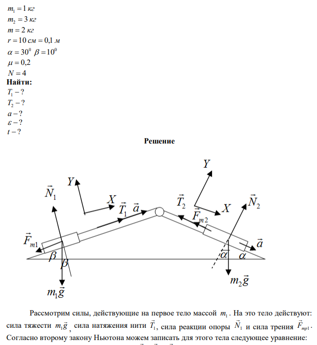 Тела массами m 1 кг 1  и m 3 кг 2  , соединены невесомой нитью, переброшенной через блок массой m  2 кг и радиусом r 10 см , лежат на сопряженных наклонных плоскостях с углами наклона 0   30 и 0  10 . Коэффициент трения о плоскости  равен 0,2. Определить силы натяжения нитей, ускорения тел, угловое ускорение блока и время, за которое блок сделает 4 оборота. Трением в блоке пренебречь. 