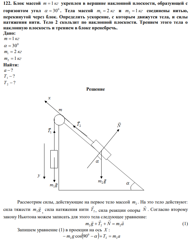Блок массой m  1 кг укреплен в вершине наклонной плоскости, образующей с горизонтом угол 0   30 . Тела массой m 2 кг 1  и m 1 кг 2  соединены нитью, перекинутой через блок. Определить ускорение, с которым движутся тела, и силы натяжения нити. Тело 2 скользит по наклонной плоскости. Трением этого тела о наклонную плоскость и трением в блоке пренебречь. 