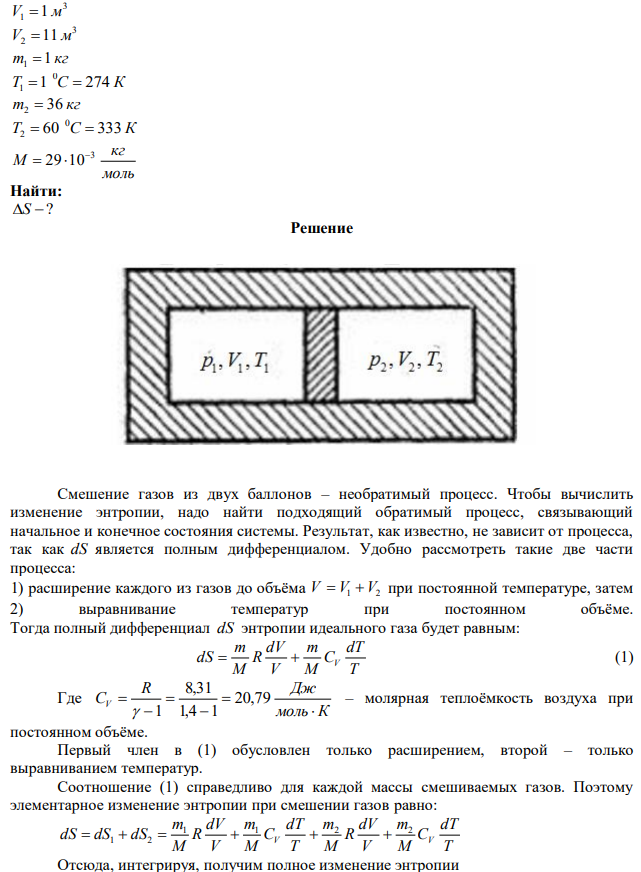 Два баллона объемами 3 1 м и 3 11 м соединяются трубкой с краном. В первом баллоне находится 1 кг воздуха при температуре 1 ℃, во втором 36 кг воздуха при температуре 60 ℃. Найдите изменение энтропии системы после открывания крана и достижения равновесия, если система находится в термостате. 