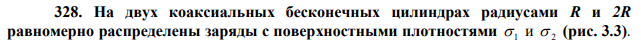 На двух коаксиальных бесконечных цилиндрах радиусами R и 2R равномерно распределены заряды с поверхностными плотностями  1 и  2 (рис. 3.3).  Требуется: 1) используя теорему Остроградского-Гаусса: Найти зависимость Er напряженности электрического поля от расстояния для трех областей: I, II и III. Принять 1  2 ,  2  ; 2) Вычислить напряженность E электрического поля в точке, удаленной от оси цилиндров на расстояние r и указать направление вектора E  . Принять 2 50 м нКл   , r  1,5R ; 3) Построить график зависимости Er. 