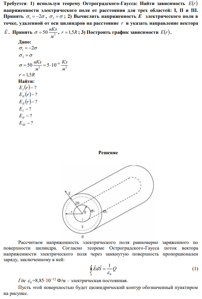 На двух коаксиальных бесконечных цилиндрах радиусами R и 2R равномерно распределены заряды с поверхностными плотностями  1 и  2 (рис. 3.3).  Требуется: 1) используя теорему Остроградского-Гаусса: Найти зависимость Er напряженности электрического поля от расстояния для трех областей: I, II и III. Принять 1  2 ,  2  ; 2) Вычислить напряженность E электрического поля в точке, удаленной от оси цилиндров на расстояние r и указать направление вектора E  . Принять 2 50 м нКл   , r  1,5R ; 3) Построить график зависимости Er. 