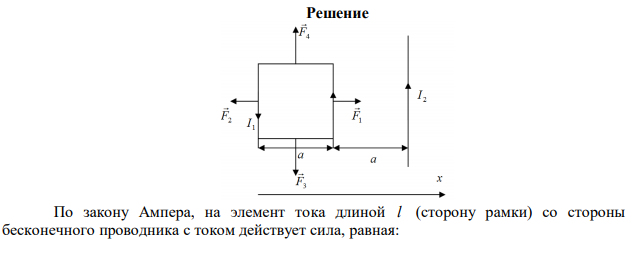 Квадратная проволочная рамка расположена в одной плоскости с длинным проводом так, что две ее стороны параллельны проводу. По рамке и проводу текут одинаковые токи I  200 А . Определить силу F , действующую на рамку, если ближайшая к проволоку сторона рамки находится от него на расстоянии, равном ее длине. 