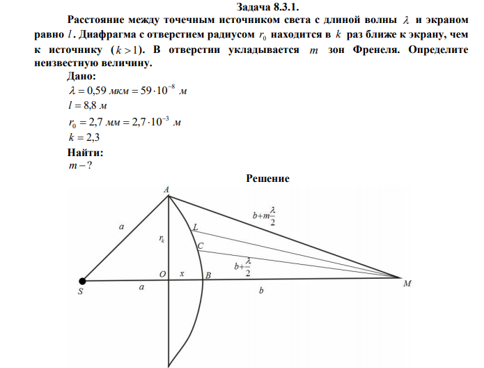 Расстояние между точечным источником света с длиной волны  и экраном равно l . Диафрагма с отверстием радиусом 0 r находится в k раз ближе к экрану, чем к источнику ( k 1 ). В отверстии укладывается m зон Френеля. Определите неизвестную величину. 
