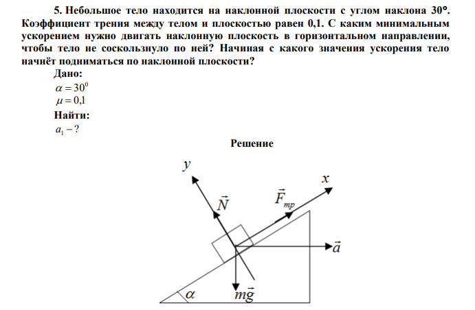 Небольшое тело находится на наклонной плоскости с углом наклона 30. Коэффициент трения между телом и плоскостью равен 0,1. С каким минимальным ускорением нужно двигать наклонную плоскость в горизонтальном направлении, чтобы тело не соскользнуло по ней? Начиная с какого значения ускорения тело начнёт подниматься по наклонной плоскости? 