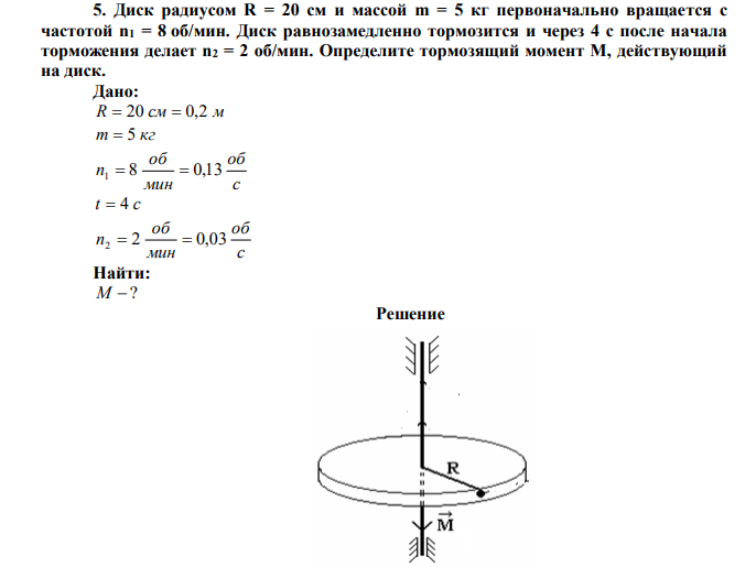 Диск радиусом R = 20 см и массой m = 5 кг первоначально вращается с частотой n1 = 8 об/мин. Диск равнозамедленно тормозится и через 4 с после начала торможения делает n2 = 2 об/мин. Определите тормозящий момент М, действующий на диск.