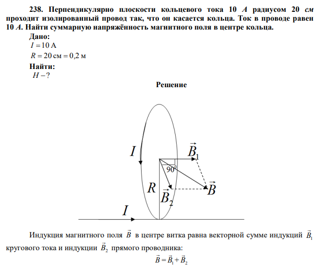 Перпендикулярно плоскости кольцевого тока 10 А радиусом 20 см проходит изолированный провод так, что он касается кольца