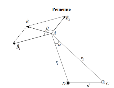 По двум бесконечно длинным параллельным проводам текут токи силой I 1  65 А и I 2 115 А в противоположных направлениях. Расстояние между проводами 30 см. Определить магнитную индукцию В в точке, удаленной от первого провода на расстояние r1  0,35 м и на расстояние r2  0,5 м от второго провода. 