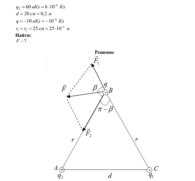 На расстоянии 20 см находятся два точечных заряда –40 нКл и +60 нКл. Определить силу, действующую на заряд – 10 нКл, удаленный от обоих зарядов на расстояние 25 см. 